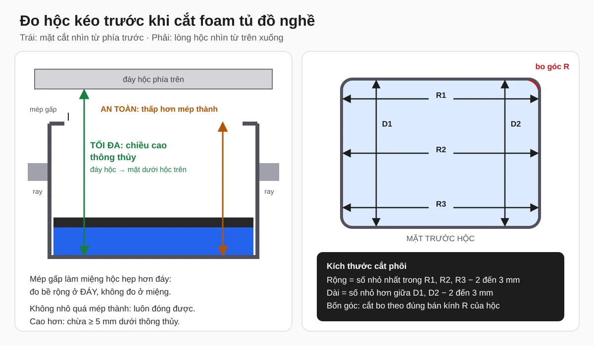 Cách đo hộc kéo để cắt foam tủ đồ nghề: chiều cao thông thủy, mép gấp, ray trượt, đo bề rộng tại 3 vị trí và góc bo