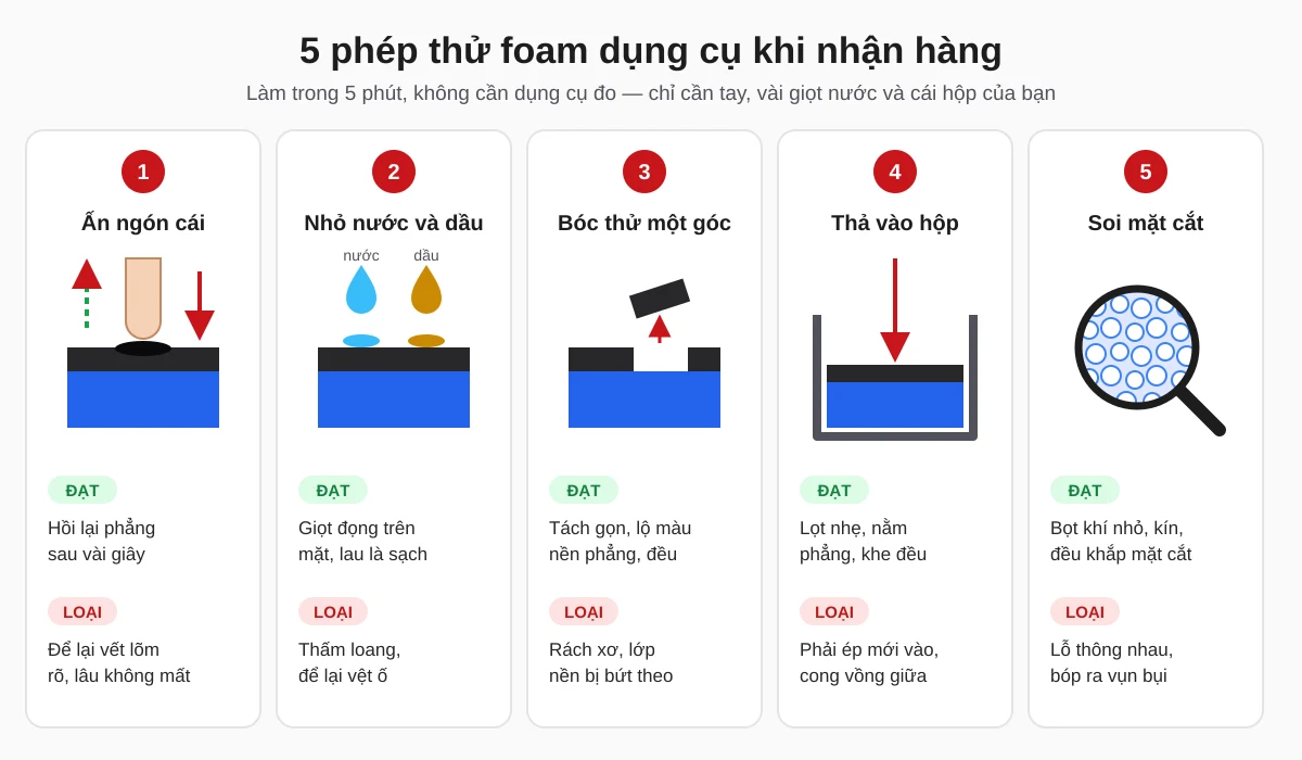 5 phép thử chất lượng foam dụng cụ: ấn ngón cái, nhỏ nước và dầu, bóc thử góc, thả vào hộp, soi mặt cắt