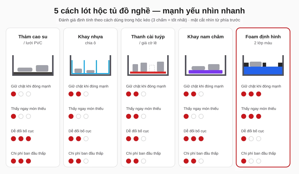So sánh 5 cách lót hộc tủ đồ nghề: thảm cao su, khay nhựa chia ô, thanh cài tuýp, khay nam châm và foam định hình